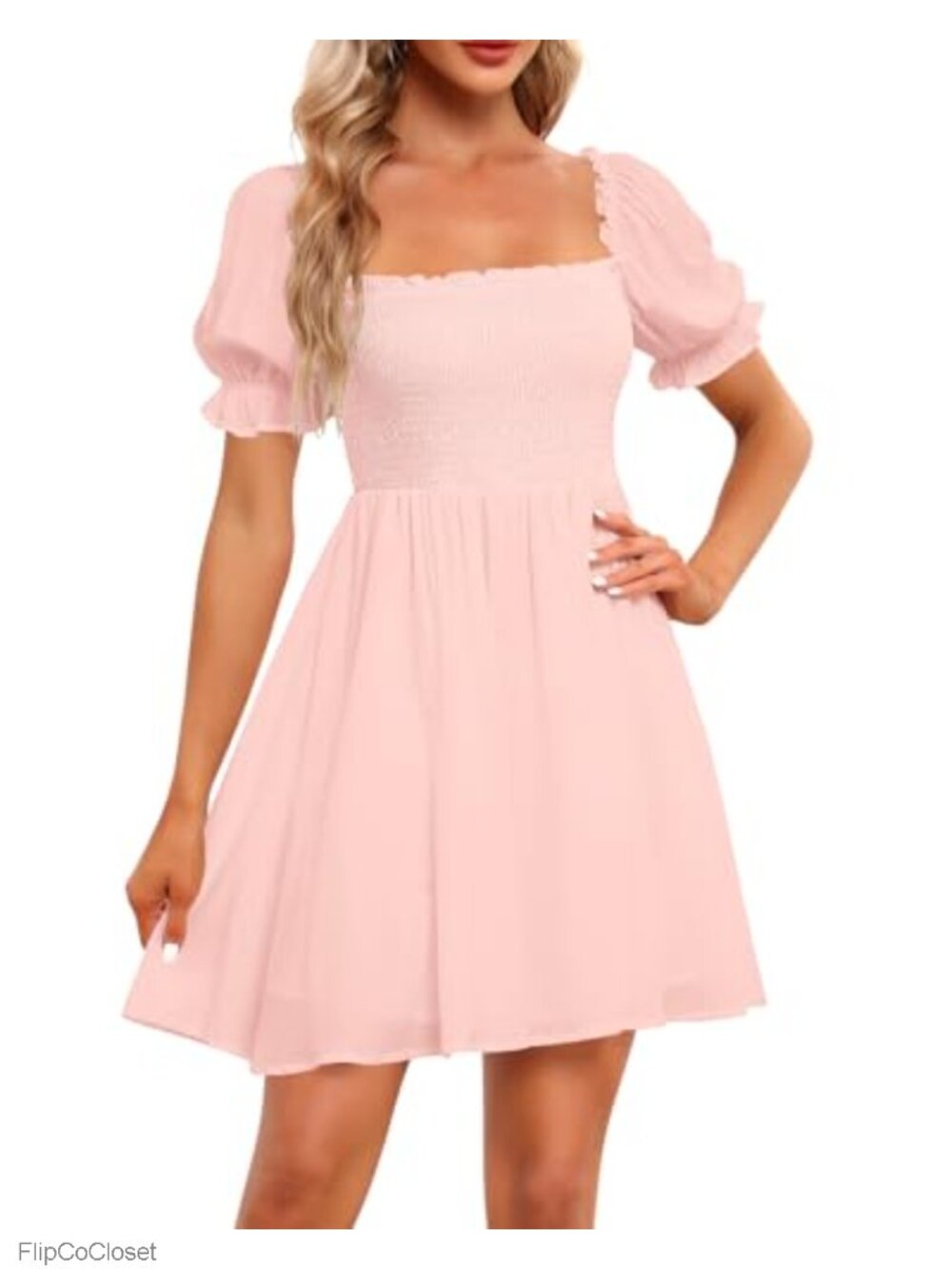 Smocked Square Neck Puff Sleeve Flowy A-Line Casual Dress